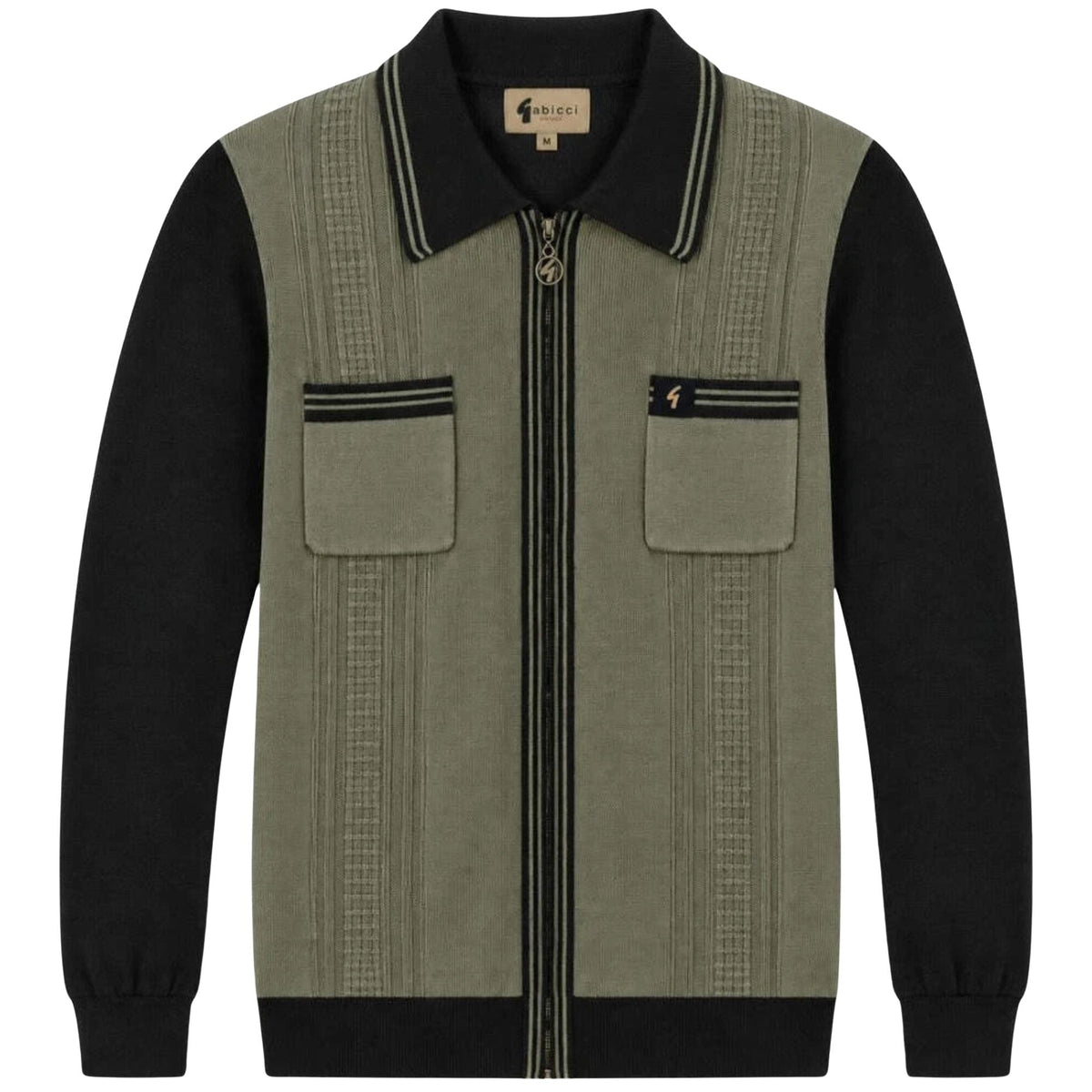 Gabicci Vintage Lucerne Long Sleeve Zip Thru Knit Polo - Khaki/Black