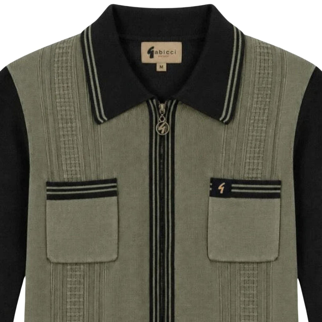 Gabicci Vintage Lucerne Long Sleeve Zip Thru Knit Polo - Khaki/Black