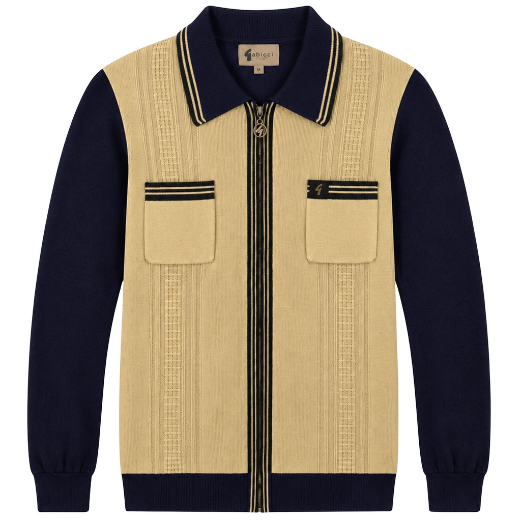 Gabicci Vintage Lucerne Long Sleeve Zip Thru Knit - Beige/Navy