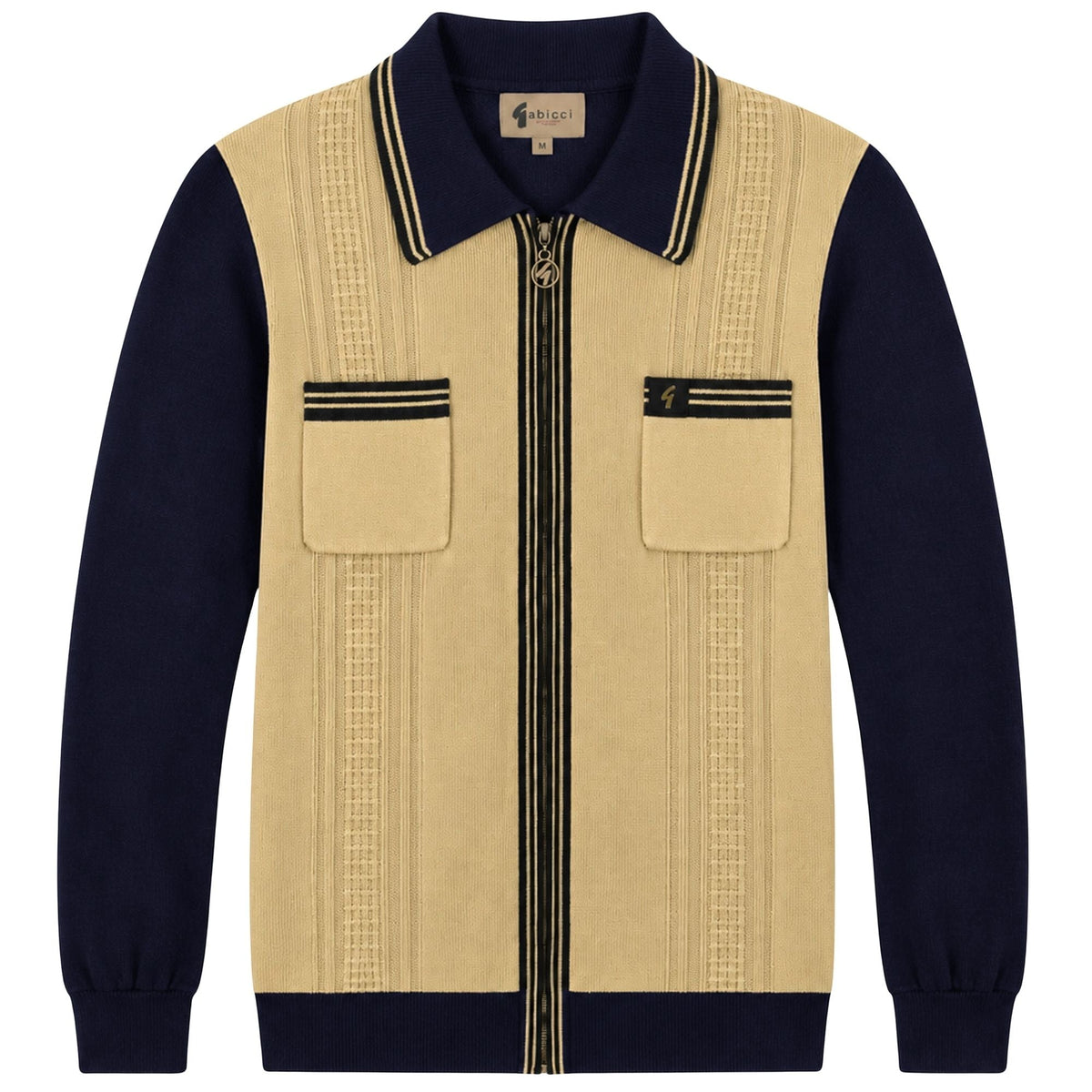 Gabicci Vintage Lucerne Long Sleeve Zip Thru Knit - Beige/Navy