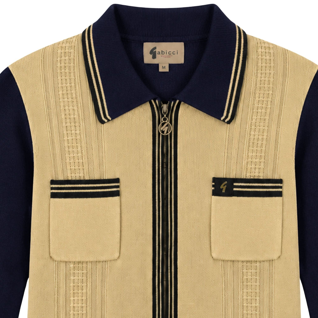 Gabicci Vintage Lucerne Long Sleeve Zip Thru Knit - Beige/Navy
