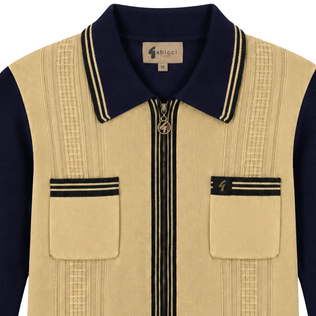 Gabicci Vintage Lucerne Long Sleeve Zip Thru Knit - Beige/Navy