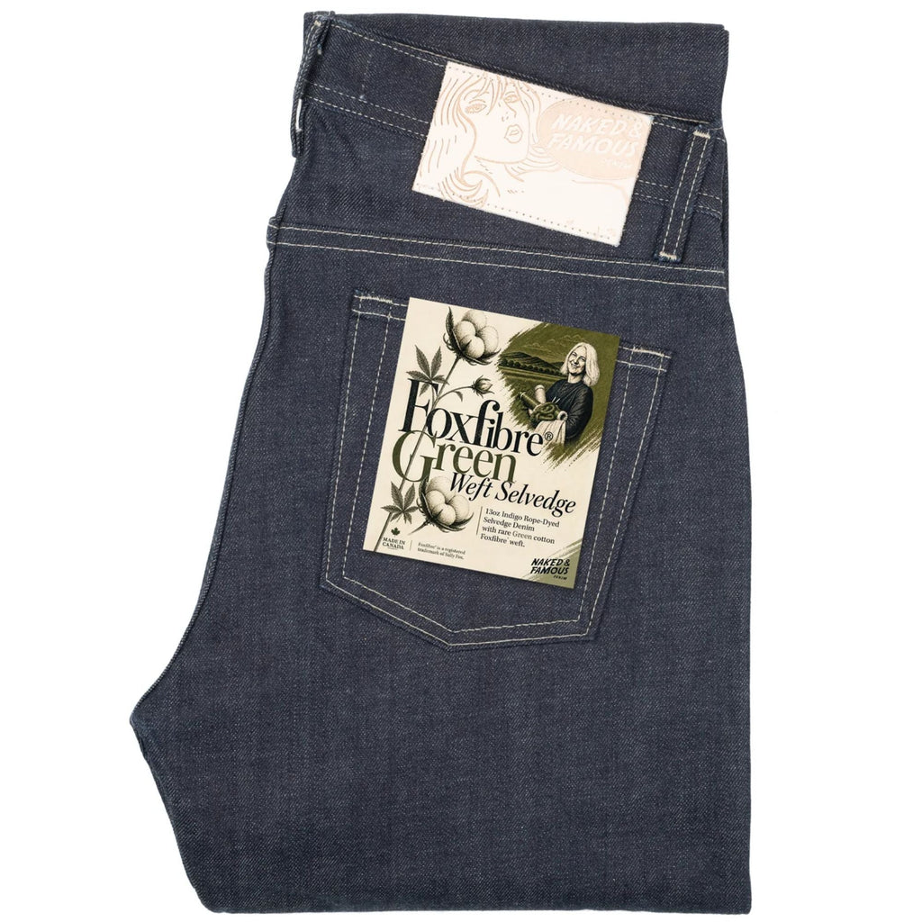 Naked and Famous Denim Weird Guy Fox Fibre Green Weft - Indigo