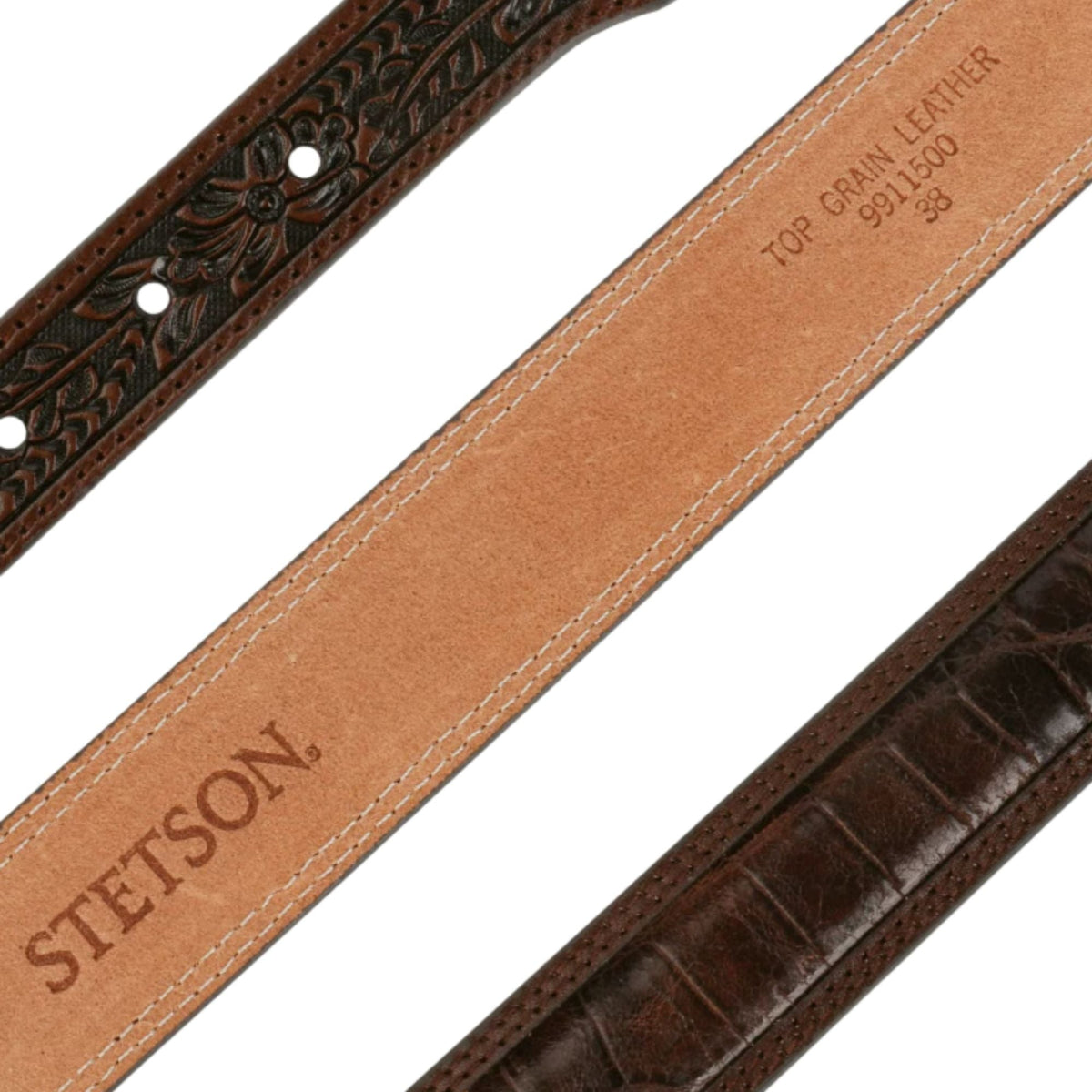 Stetson Hats Croco Print Tooled Leather Belt - Brown
