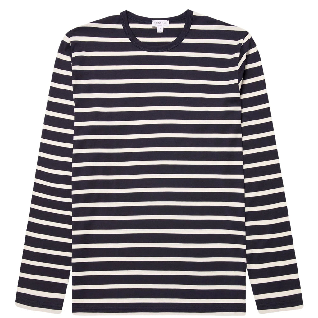 Sunspel Long Sleeve Classic T-Shirt - Navy/Ecru