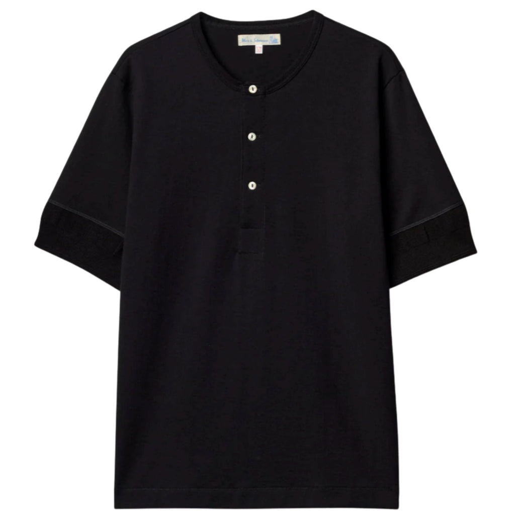 Merz b Schwanen 207 Loopwheeled Classic Fit Midweight Short Sleeve Henley - Deep Black