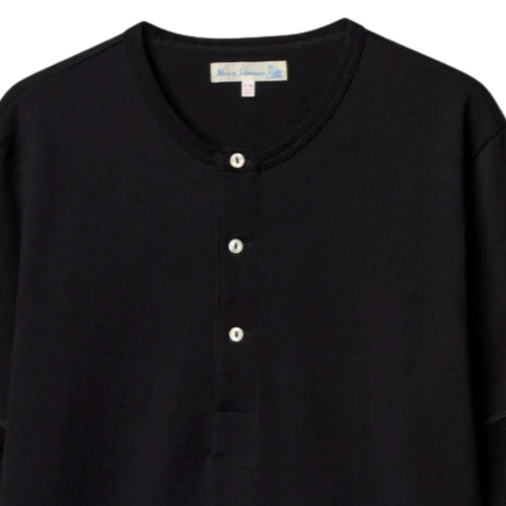Merz b Schwanen 207 Loopwheeled Classic Fit Midweight Short Sleeve Henley - Deep Black
