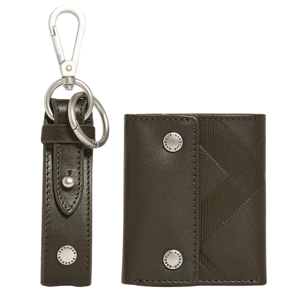 Barbour Brunton Leather Wallet & Keychain Gift Set - Dark Olive