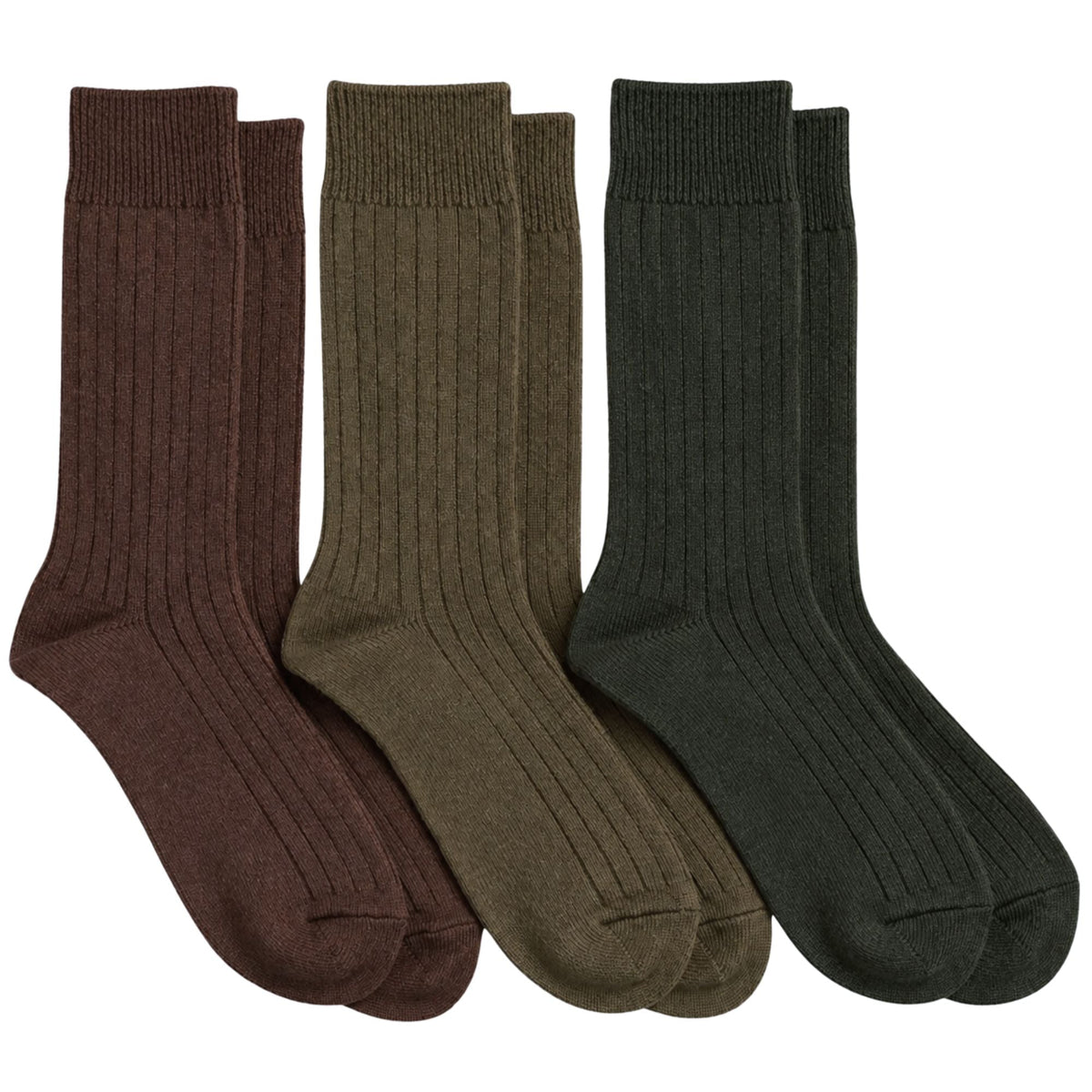 RoToTo Socks Cotton Wool Robbed Crew 3 Pack Socks - Olive Tones